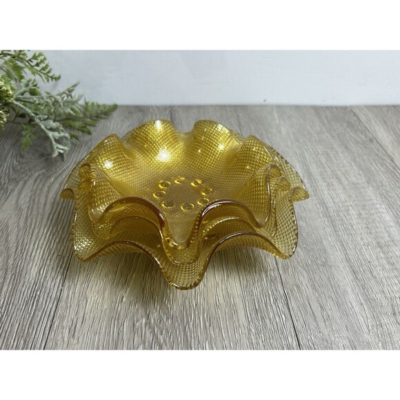 Set Of 3 Vintage Amber Gold Ruffled Edge Waffle Bowls Colony Glass? 7” And 5” - Picture 2 of 9